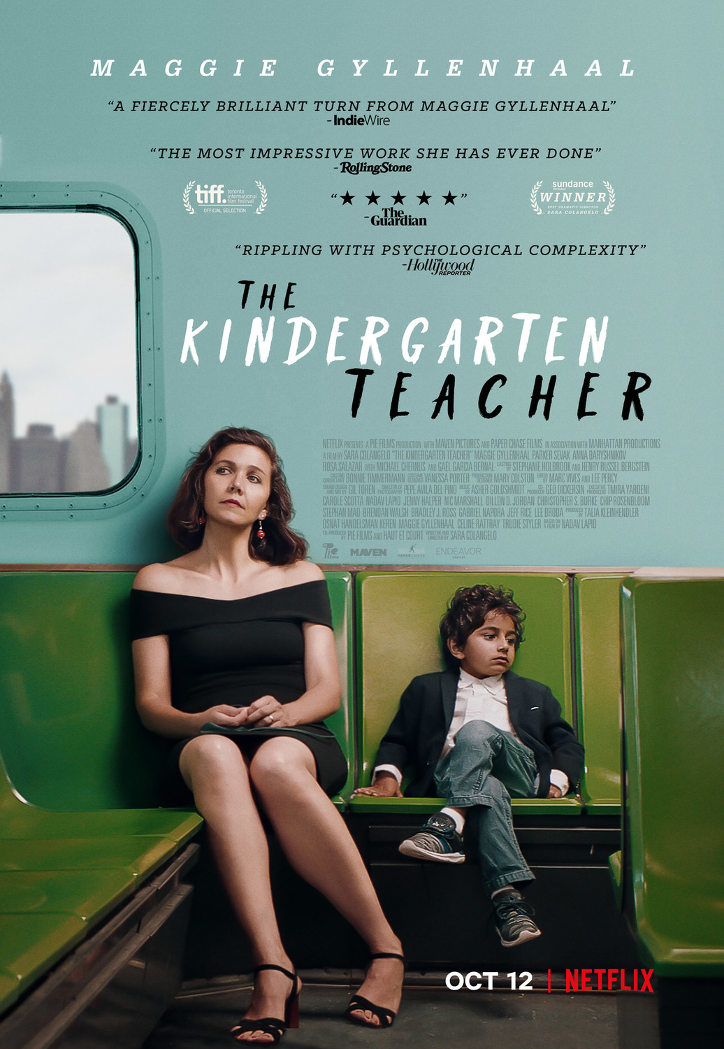 The Kindergarten Teacher movie poster, featuring Maggie Gyllenhaal and Parker Sevak.