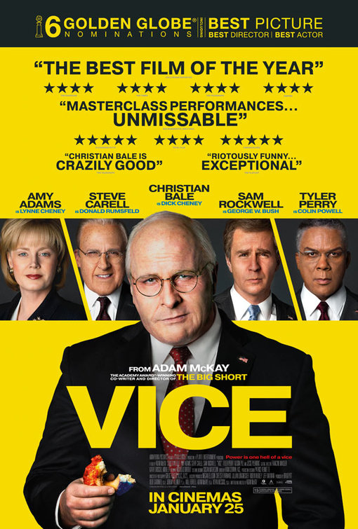 Poster for Vice, featuring Christian Bale, Amy Adams, Steve Carell, Sam Rockwell and Tyler Perry.
