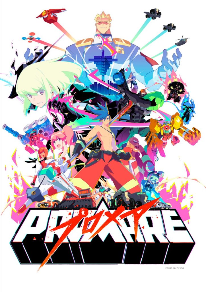 Poster for Promare featuring a colourful group of anime characters from the film