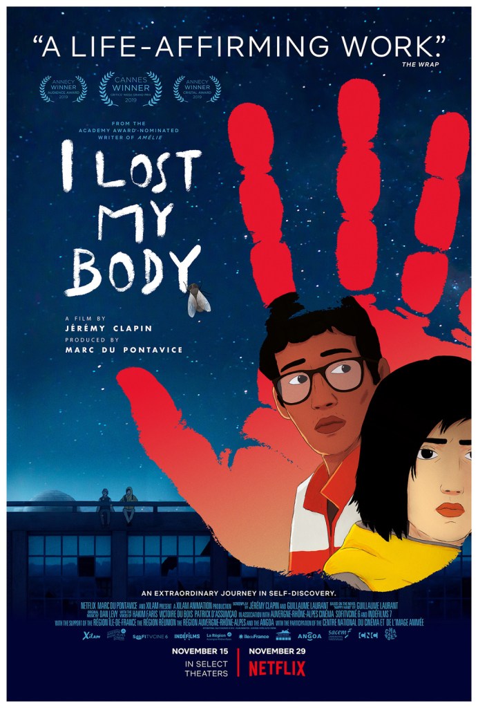 Poster for I Lost My Body featuring characters Nafouel and Gabriell