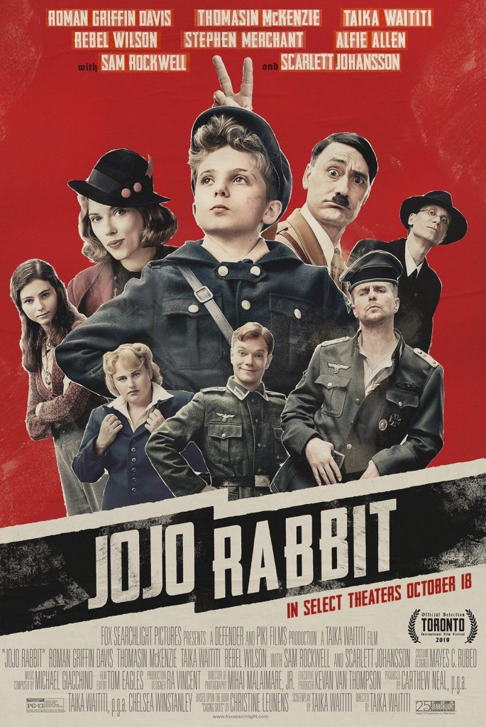 Poster for Jojo Rabbit, featuring Roman Griffin Davies, Taika Waititi, Stephen Merchant, Sam Rockwell, Alfie Allen