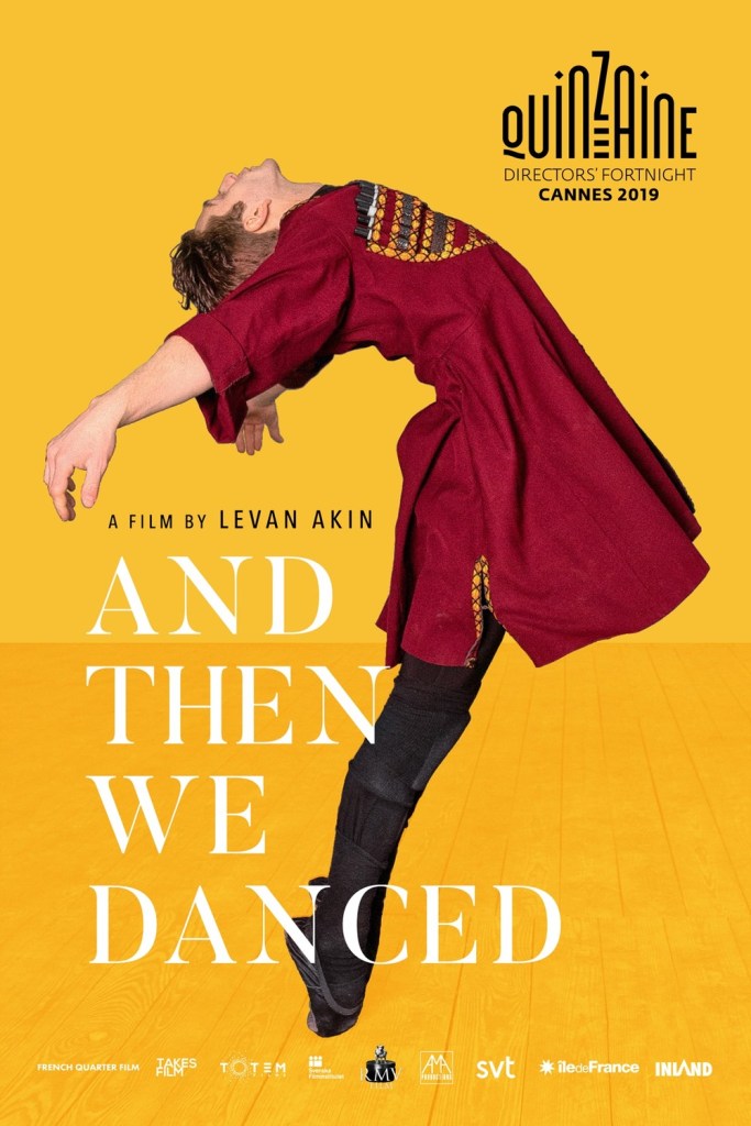 Poster for And Then We Danced, featuring Levan Gelbakhiani as Merab, dancing in traditional Georgian dress against a yellow background.