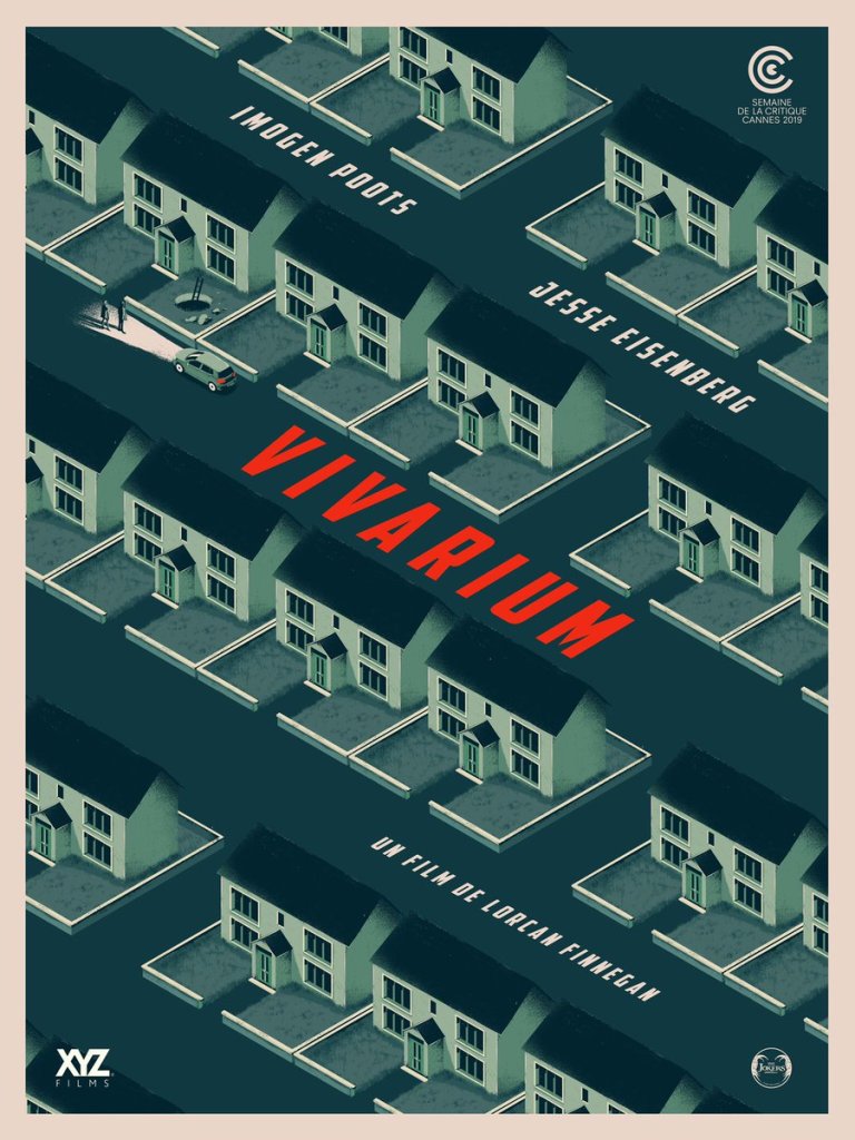 Poster for Vivarium, showing an illustrated birds-eye view of a neighbourhood full of identical houses. A car is parked in front of one house, and two people stand in the glare of its headlights.